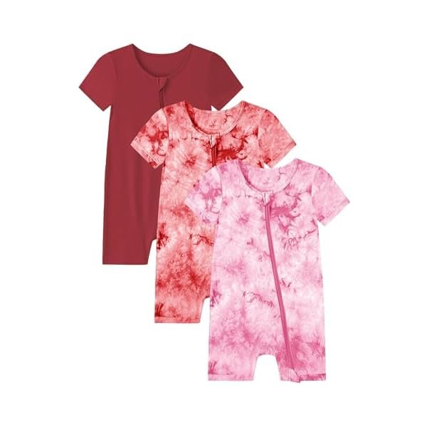 Baby Girl Boys Rayon From Bamboo Pajamas 3 Pack Short Sleeve Footless Romper 2 Way Zipper Tie Dye Pjs Sleeper 0-24M