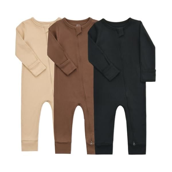Baby Cotton Footless Pajamas with Mitten, 3-pack Infant Romper Zip Up One Piece Jumpsuits Outfit