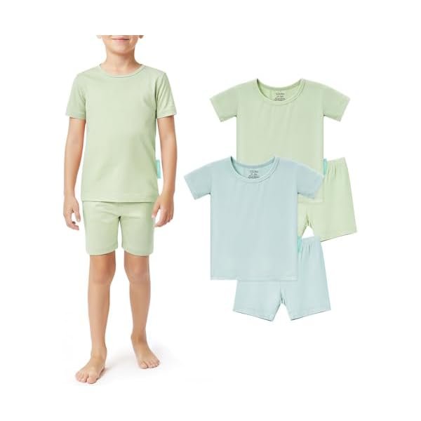 SuperSoft Short Sleeve Toddler Pjs Set, 4-Piece Bamboo Viscose Unisex Sleepwear, Baby Boys Girls Sung Fit Summer Clothes