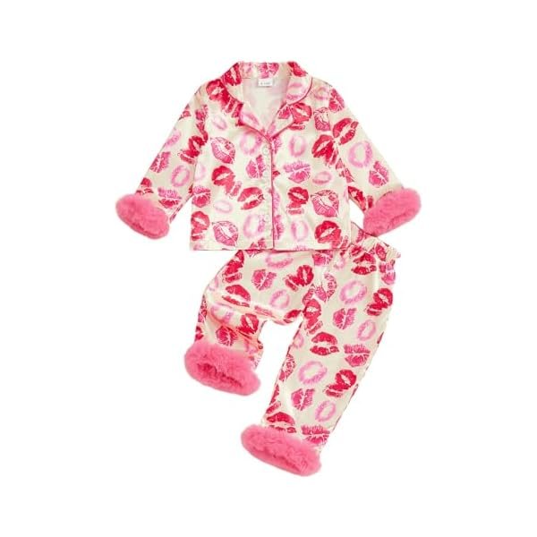 Toddler Girl Valentine's Day Satin Pajamas Set Baby Silk Pjs Heart Button Down Shirt Long Pants Sleepwear Spring