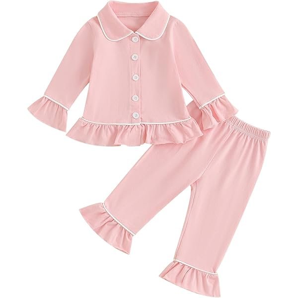 Toddler Kids Baby Girl Pajamas Set Solid Color Ruffle Long Sleeve Button Shirt Top Pants Cotton Infant 2Pcs Pjs Set