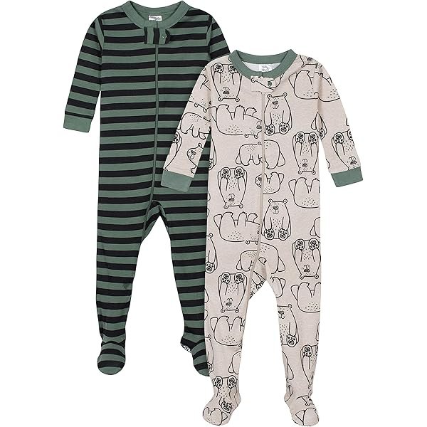 Baby Boys 2-Pack Footed Pajamas, Bear Green Stripes White, 18 Months