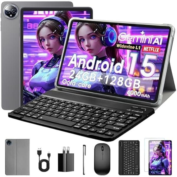10 Inch Tablet, Android 15 with 24GB RAM + 128GB ROM (1TB Expandable), Octa-Core, 1280x800 IPS HD Touchscreen, 5MP+8MP Dual Camera, 6000mAh, Tablet with Keyboard, Mouse, Widevine L1(Gray)