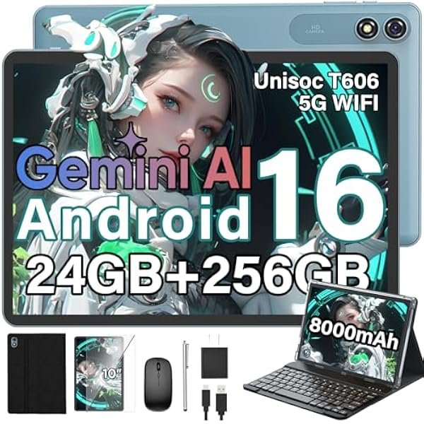2026 Latest Android 16 Tablet with Keyboard, 10 inch Tablet with 24GB+256GB(2TB Expand), Gemini AI Tablet with 8-Core, 5G WiFi, 8000mAh, GMS, GPS, 2-in-1 Tablet PC with Case,Mouse,Stylus, Black Case