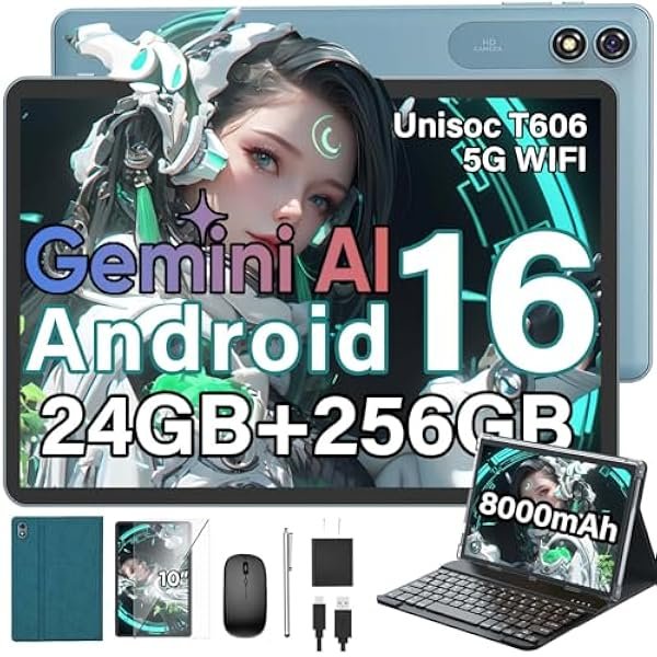 2026 Latest Android 16 Tablet with Keyboard, 10 inch Tablet with 24GB+256GB(2TB Expand), Gemini AI Tablet with 8-Core, 5G WiFi, 8000mAh, GMS, GPS, 2-in-1 Tablet PC with Case,Mouse,Stylus, Green Case