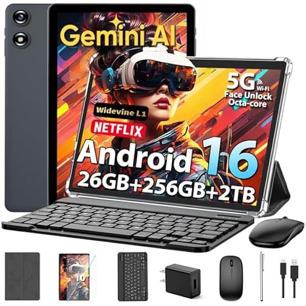 2026 Android Tablet with Keyboard, Upgraded Android 16 tablet with 26GB+256GB+2TB Expand, 10 inch Tablet PC with 8-Core, Gemini AI, WiFi, 8000mAh, GMS,GPS, 2-in-1 Tablet with Case,Mouse,Stylus(Silver)