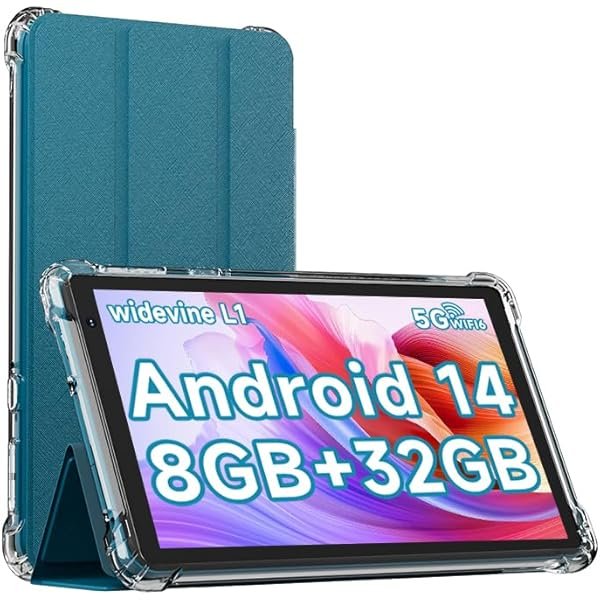 Android 14 Tablet with Case, 7 Inch 8GB RAM+32GB ROM/ 1TB Expandable Computer, 5MP Camera Tablets, 1.6Ghz Quad-core Processor, 3000mAH Battery Tablet PC, 5G WiFi, Games 7'' Android Laptop Blue