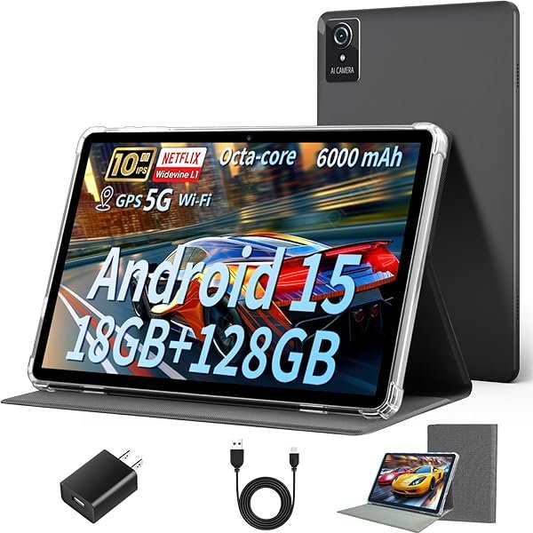 Tablet 10 Inch, 2025 Android 15 Tablets, 18GB+128GB, 1TB Expand, Widevine L1 Compatible Octa-Core Tablet with WiFi 6, 6000mAh Battery, Dual Camera(5MP+8MP)