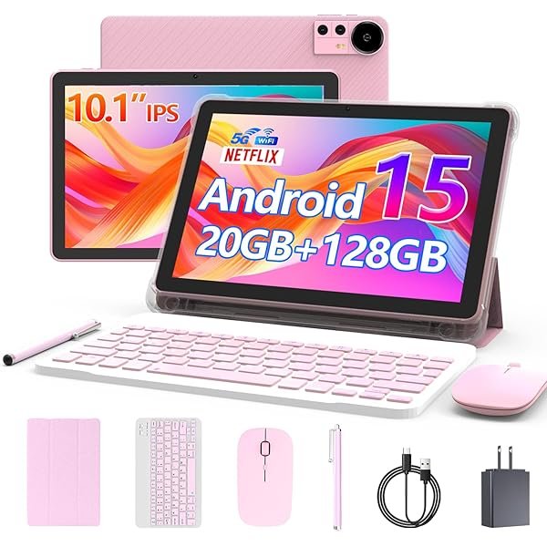 Android 15 Tablet 10 Inch, 20GB RAM+128GB ROM/ 2TB Expandable, 2.0GHz Quad-core Processor, 1280*800 HD Screen, 5G WiFi6 BT 5.0, 2 in 1 Tablets with Keyboard Case Mouse Stylus, Widevine L1 Pink