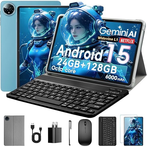10 Inch Tablet, Android 15 with 24GB RAM + 128GB ROM (1TB Expandable), Octa-Core, 1280x800 IPS HD Touchscreen, 5MP+8MP Dual Camera, 6000mAh, Tablet with Keyboard, Mouse, Widevine L1(Blue)